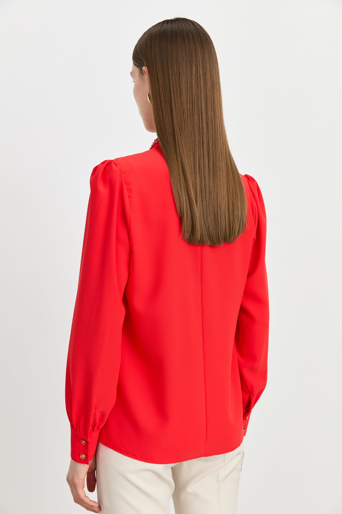 Elegant Blouse with Pearl Embellished Collar - Coral