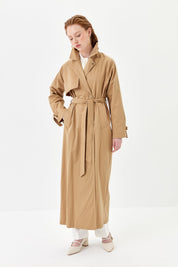 Trench Coat with Ribbed Collar and Gold Buttons - Camel