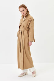 Trench Coat with Ribbed Collar and Gold Buttons - Camel