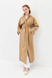 Trench Coat with Ribbed Collar and Gold Buttons - Camel