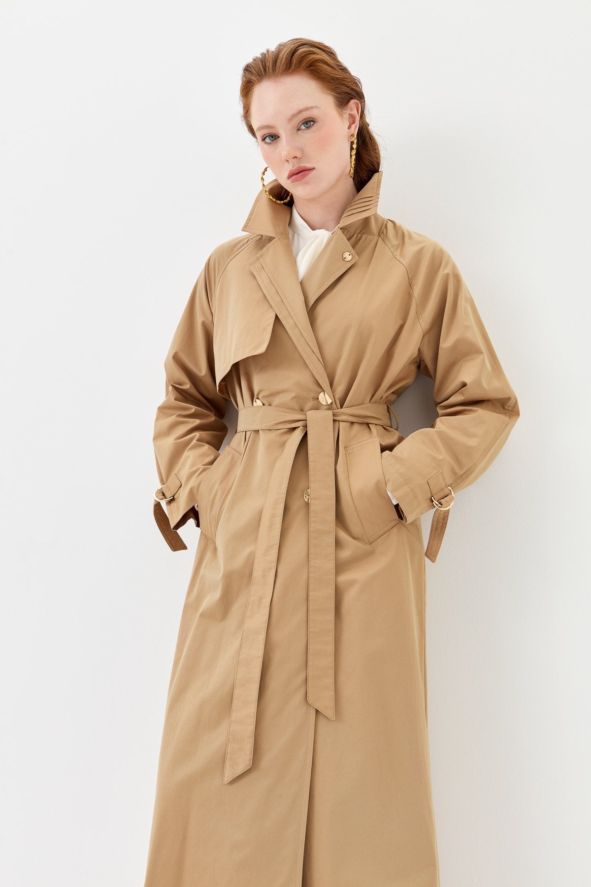 Trench Coat with Ribbed Collar and Gold Buttons - Camel