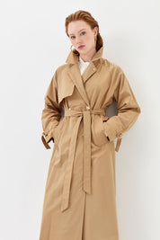 Trench Coat with Ribbed Collar and Gold Buttons - Camel
