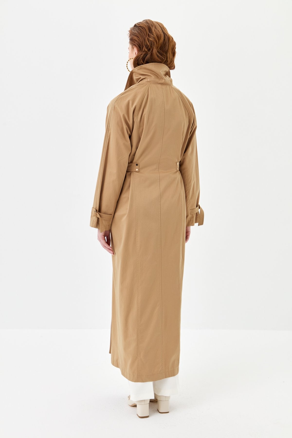 Trench Coat with Ribbed Collar and Gold Buttons - Camel