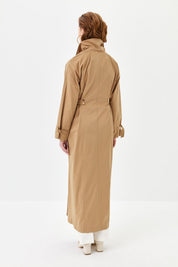 Trench Coat with Ribbed Collar and Gold Buttons - Camel
