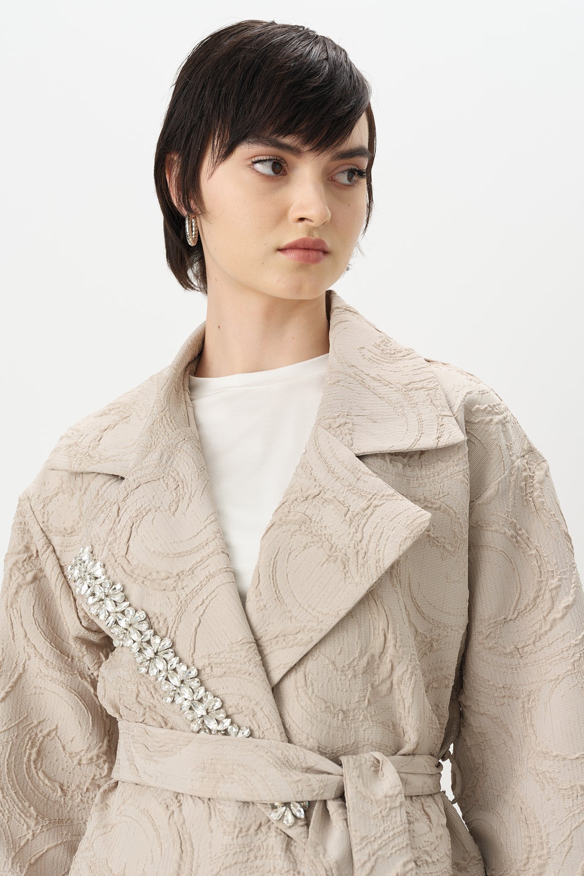 Jacket with Shiny Stone Collar - Mink