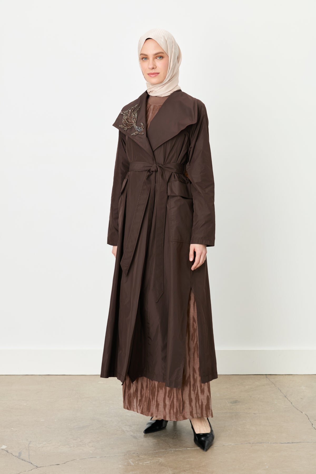 Parachute Belted Kaftan with Sequin Embroidered Collar - Coffee