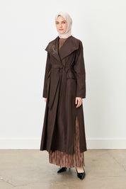Parachute Belted Kaftan with Sequin Embroidered Collar - Coffee