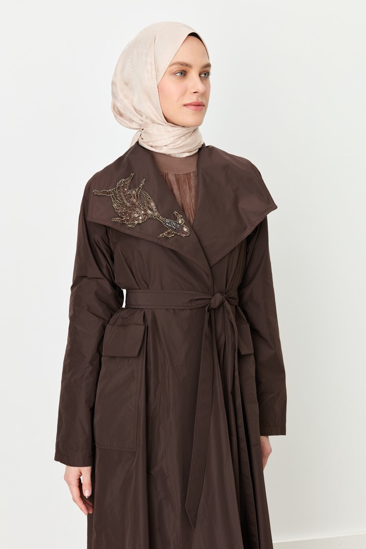 Parachute Belted Kaftan with Sequin Embroidered Collar - Coffee