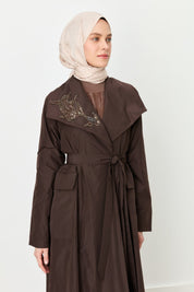 Parachute Belted Kaftan with Sequin Embroidered Collar - Coffee