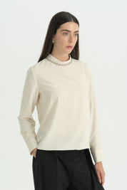 Stylish Blouse with Stone Detail on Collar - Ecru