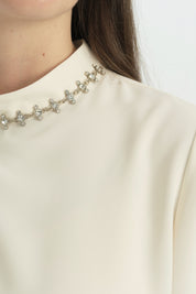 Stylish Blouse with Stone Detail on Collar - Ecru