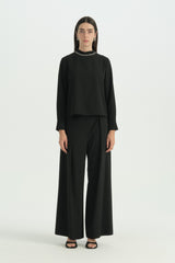 Stylish Blouse with Stone Collar Detail - Black
