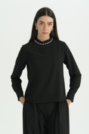 Stylish Blouse with Stone Collar Detail - Black