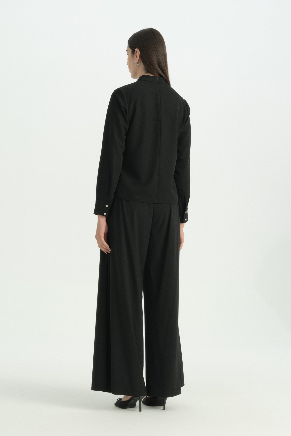 Stylish Blouse with Stone Collar Detail - Black