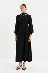 Embellished Collar Balloon Sleeve Dress - Black