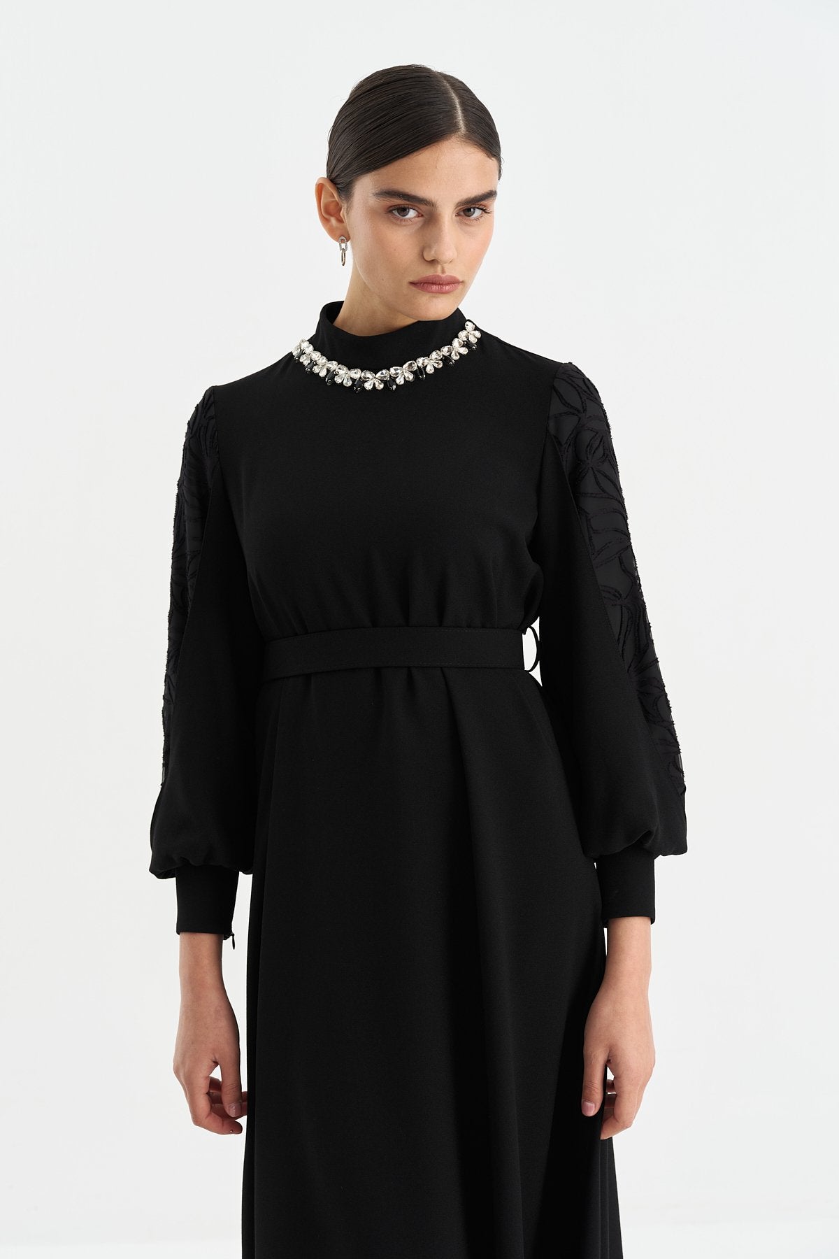 Embellished Collar Balloon Sleeve Dress - Black