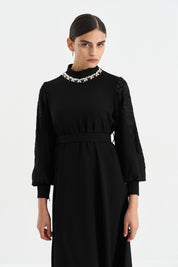 Embellished Collar Balloon Sleeve Dress - Black
