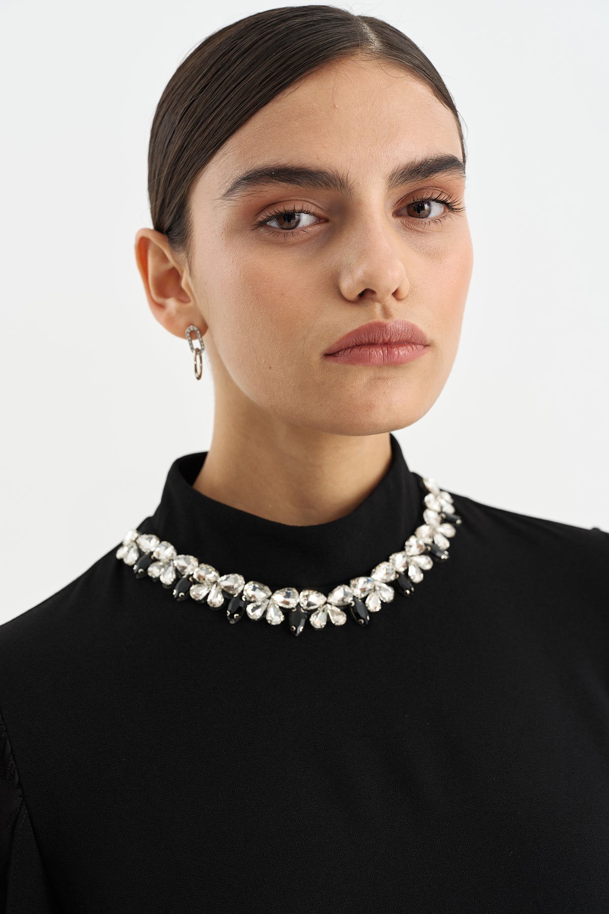 Embellished Collar Balloon Sleeve Dress - Black