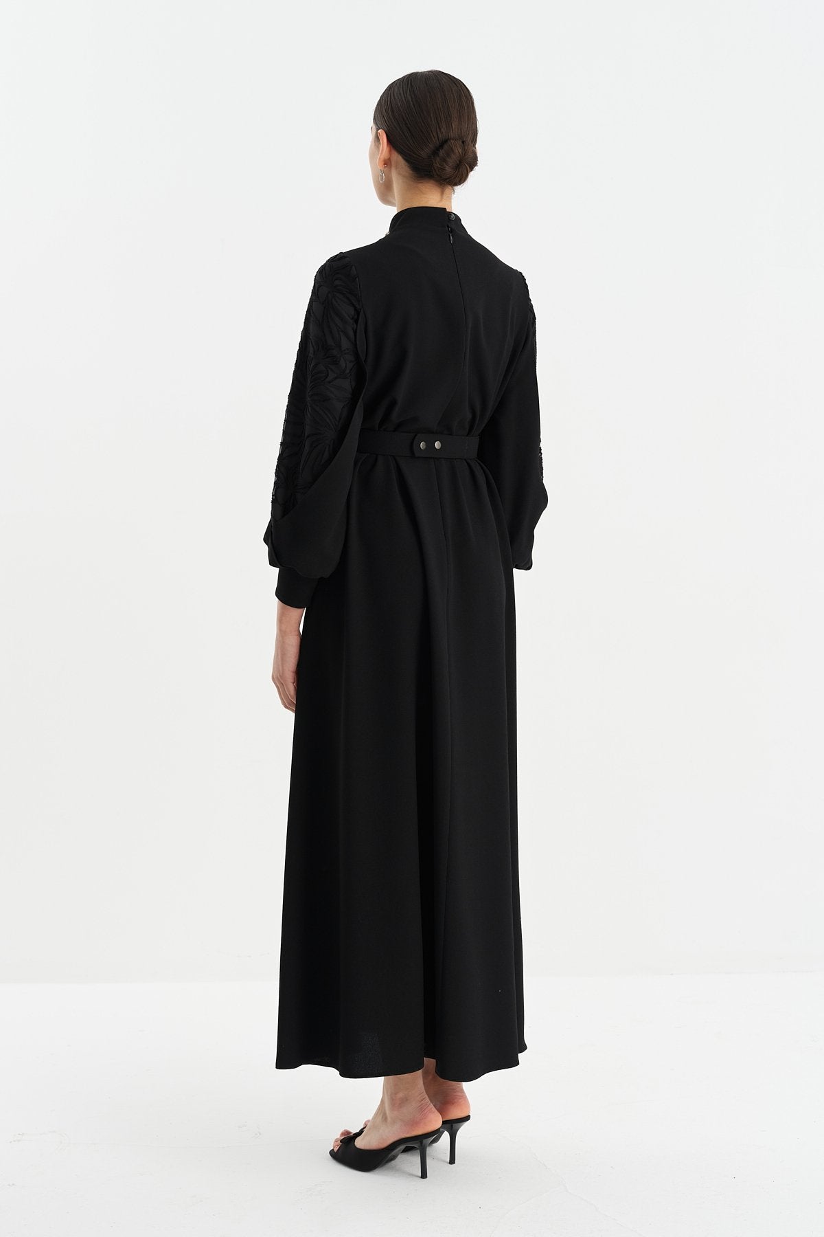 Embellished Collar Balloon Sleeve Dress - Black