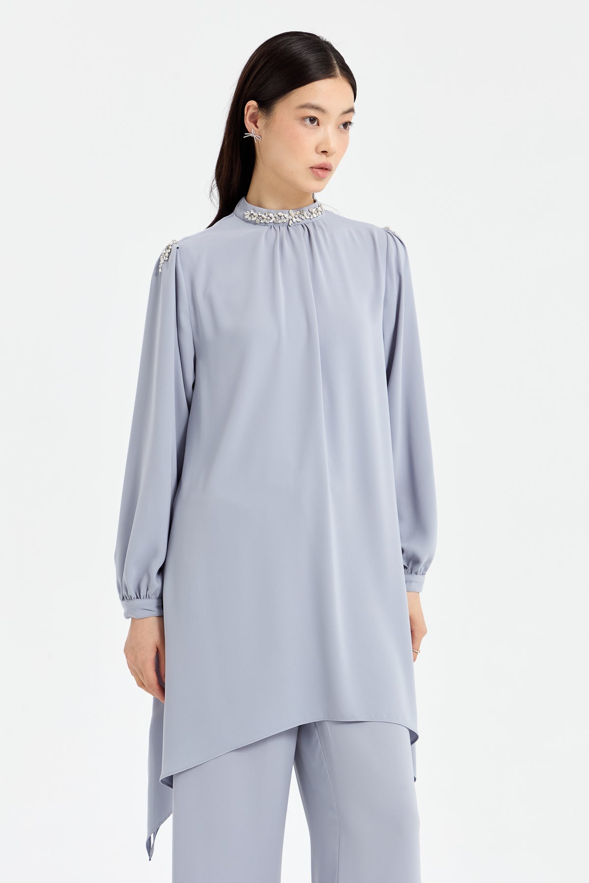 Yakası Taşlı Pantolon Tunik Takım - Gri