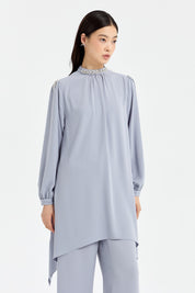 Yakası Taşlı Pantolon Tunik Takım - Gri