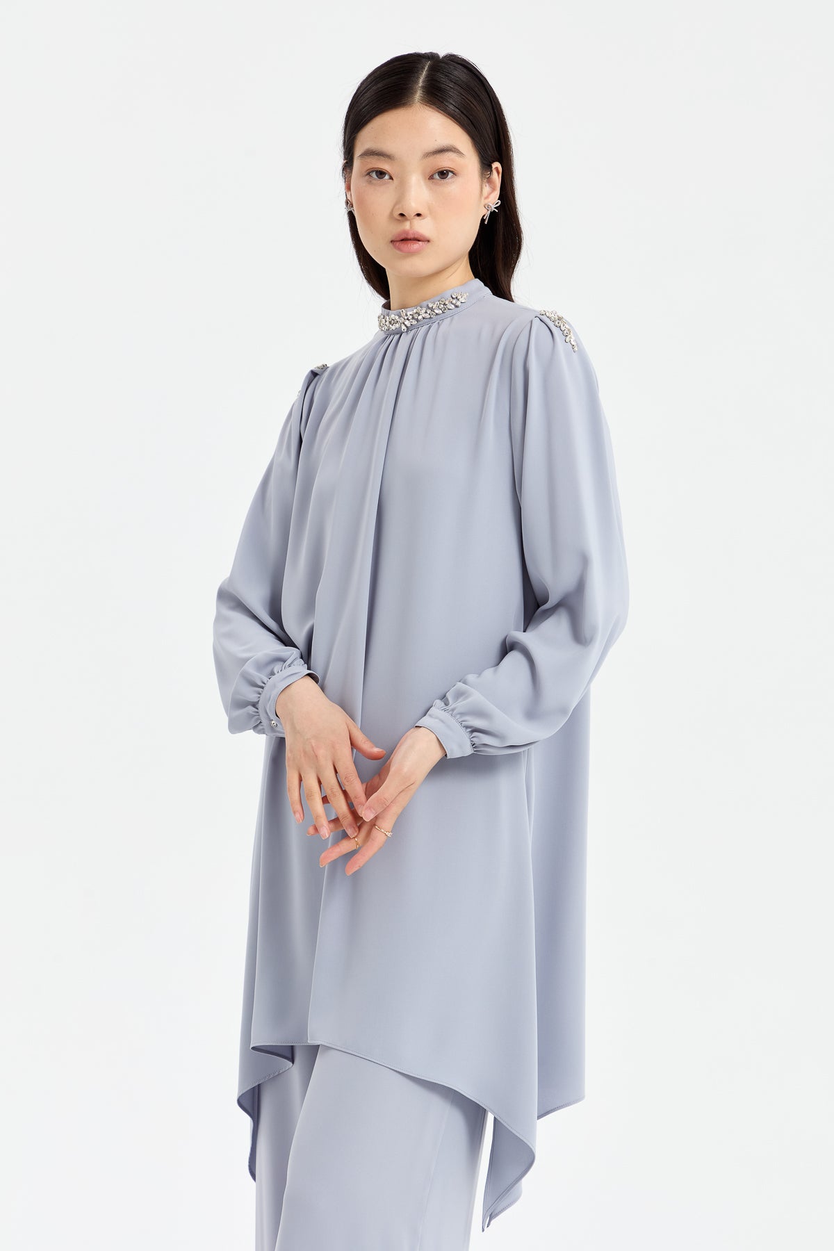 Yakası Taşlı Pantolon Tunik Takım - Gri