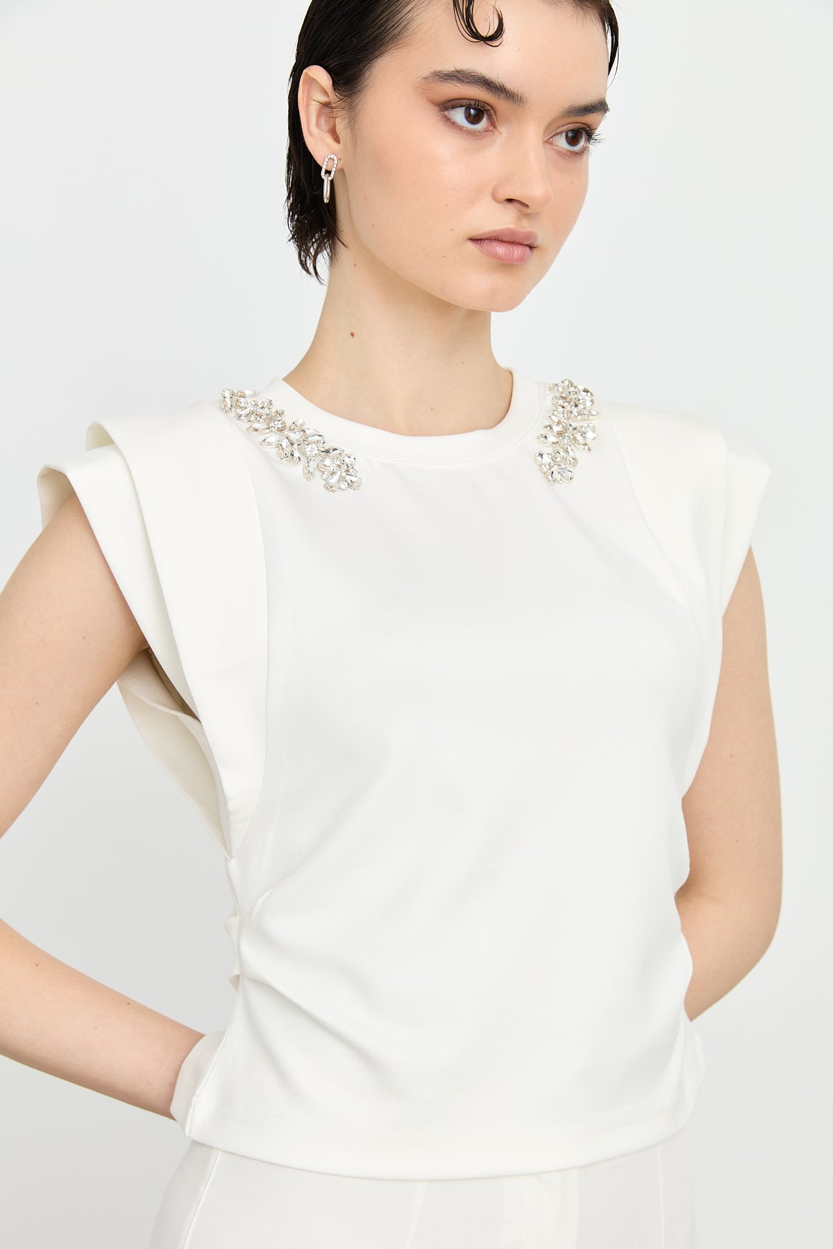Embellished Neckline Crew Neck Short Sleeve Blouse - Ecru