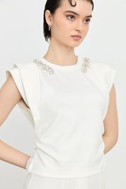 Embellished Neckline Crew Neck Short Sleeve Blouse - Ecru