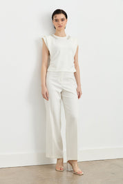 Embellished Neckline Crew Neck Short Sleeve Blouse - Ecru