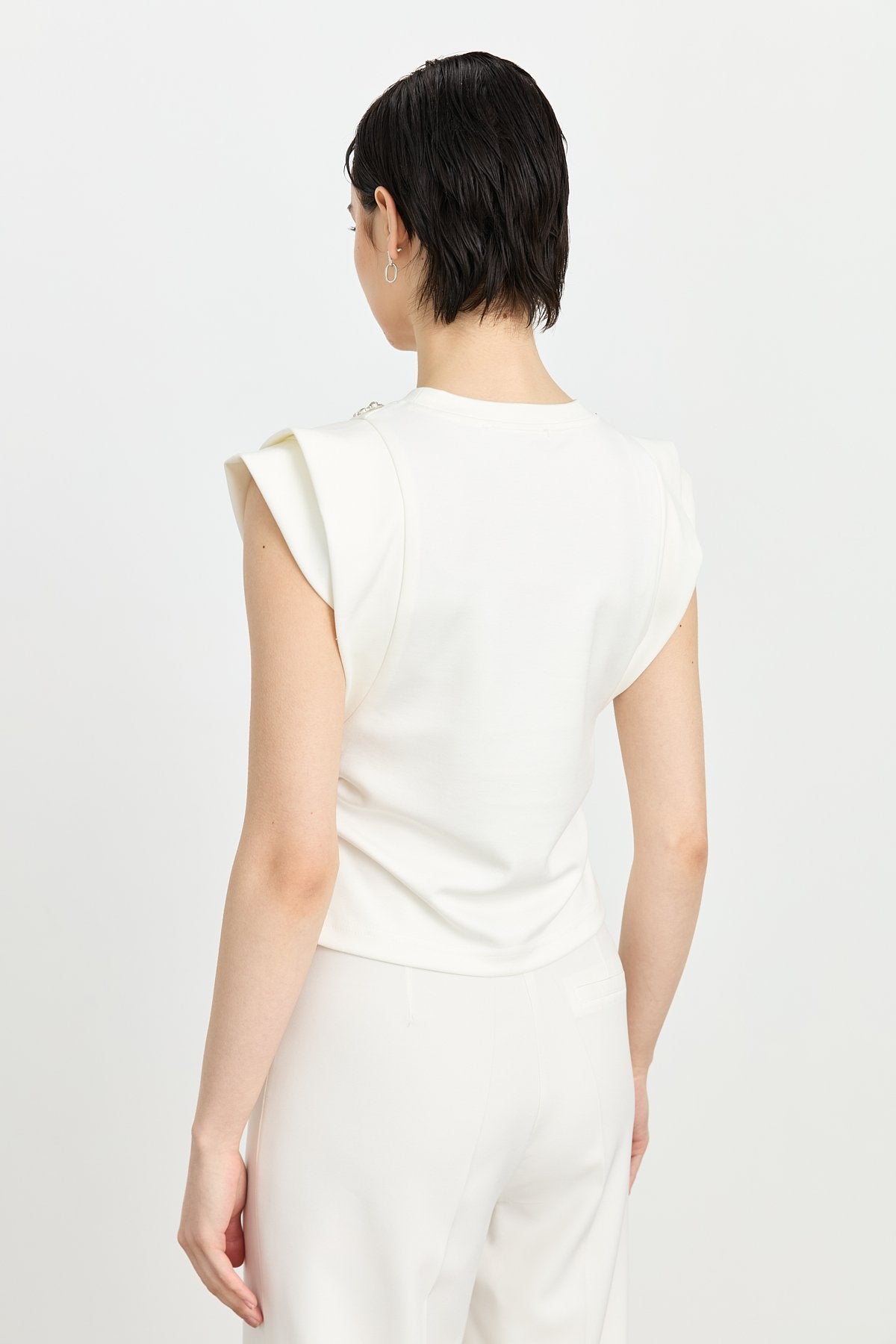 Embellished Neckline Crew Neck Short Sleeve Blouse - Ecru
