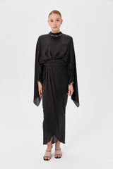 Embellished Evening Dress with Collar and Sleeves - Black