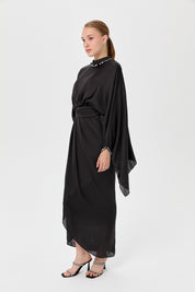 Embellished Evening Dress with Collar and Sleeves - Black