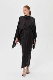 Embellished Evening Dress with Collar and Sleeves - Black