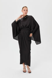 Embellished Evening Dress with Collar and Sleeves - Black