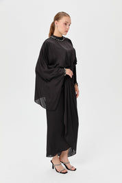 Embellished Evening Dress with Collar and Sleeves - Black