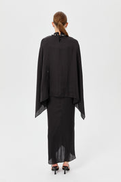 Embellished Evening Dress with Collar and Sleeves - Black