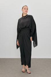 Embellished Evening Dress with Collar and Sleeves - Black