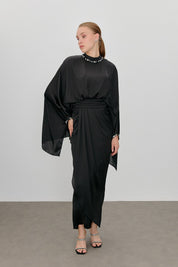 Embellished Evening Dress with Collar and Sleeves - Black