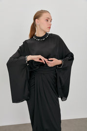 Embellished Evening Dress with Collar and Sleeves - Black