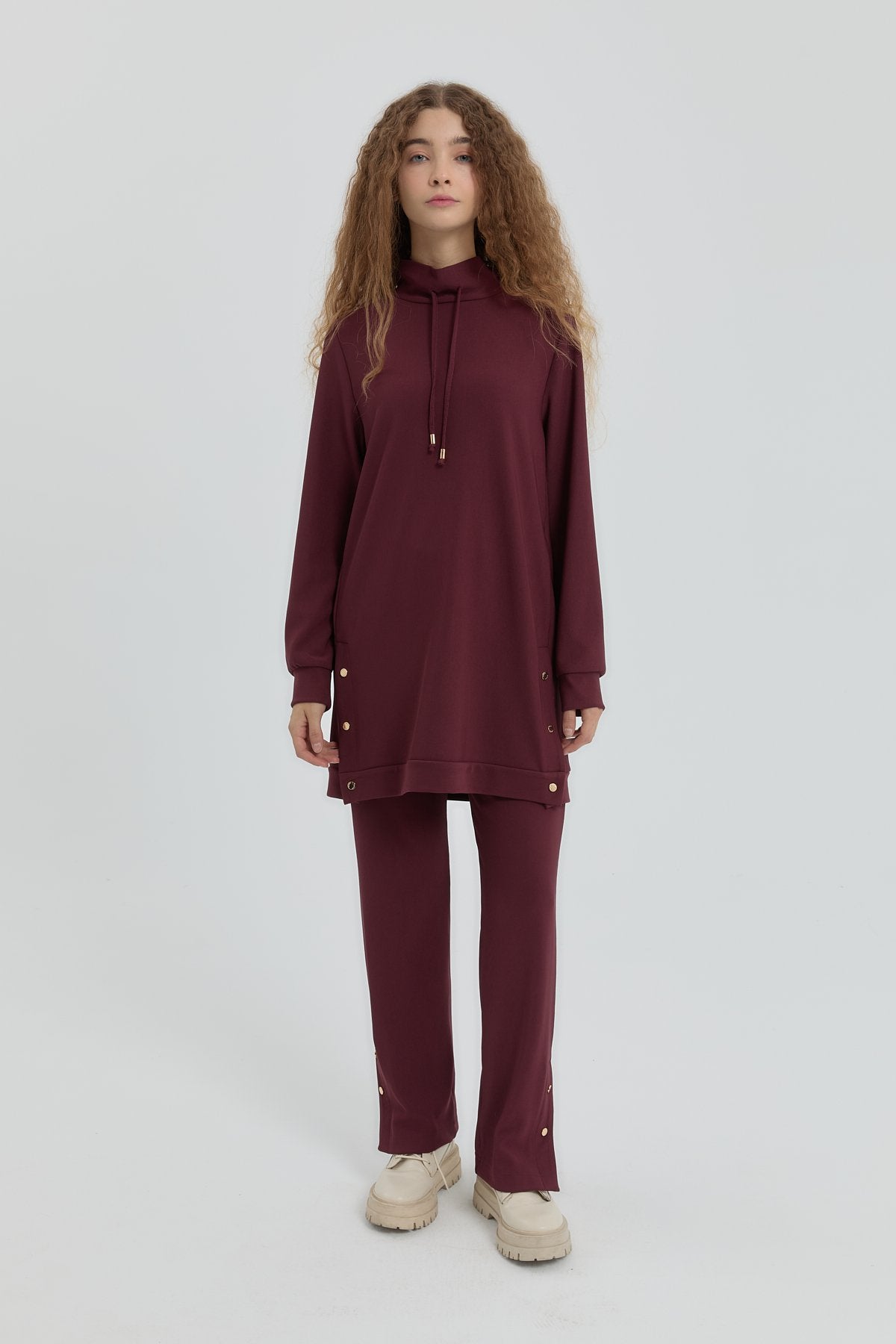 Yan Detaylı Örme Pantolon Tunik Takım - Bordo