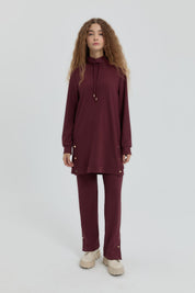 Yan Detaylı Örme Pantolon Tunik Takım - Bordo