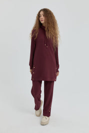 Yan Detaylı Örme Pantolon Tunik Takım - Bordo