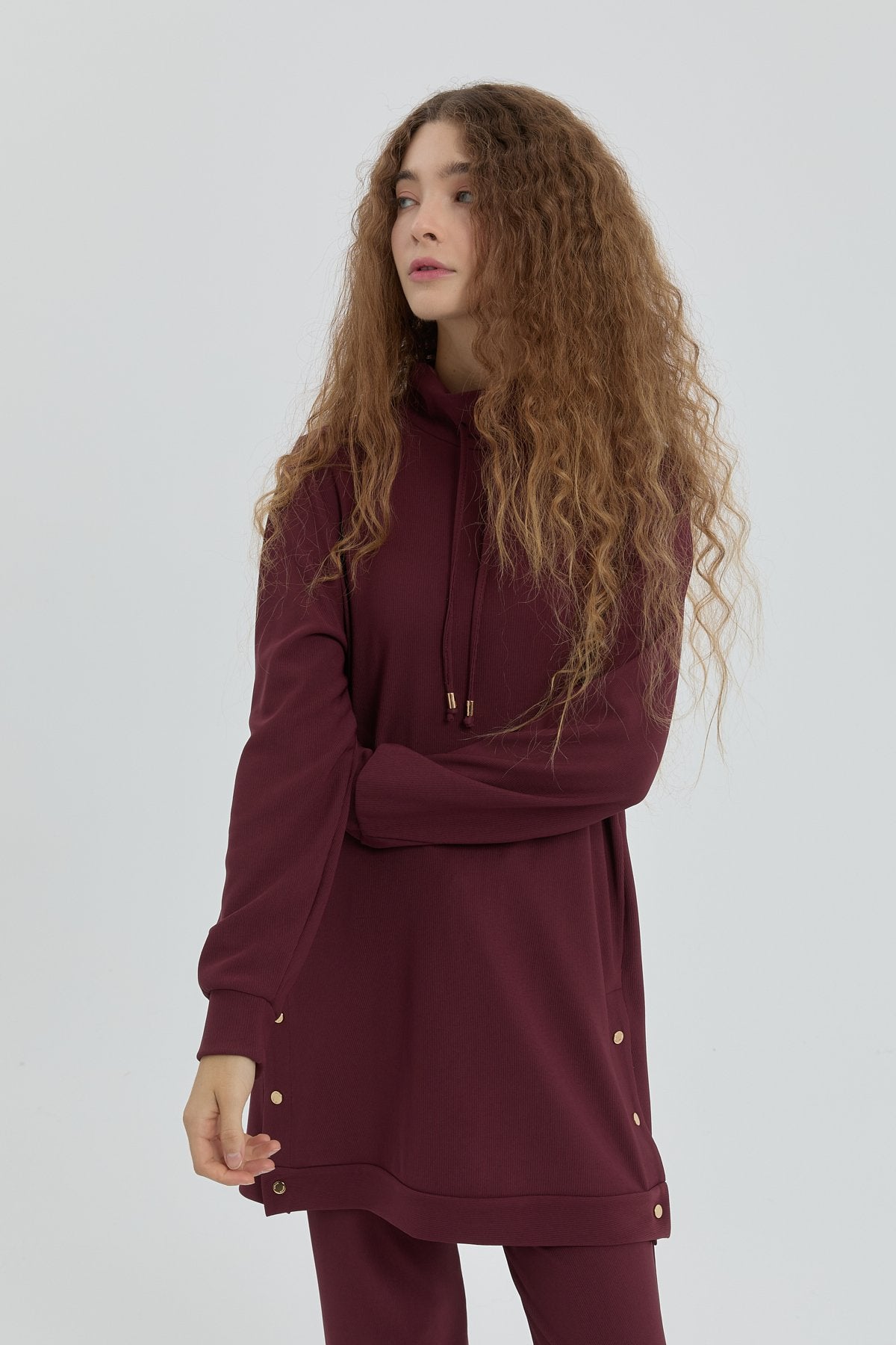 Yan Detaylı Örme Pantolon Tunik Takım - Bordo