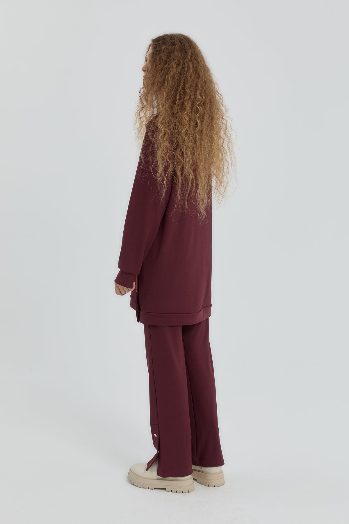 Yan Detaylı Örme Pantolon Tunik Takım - Bordo