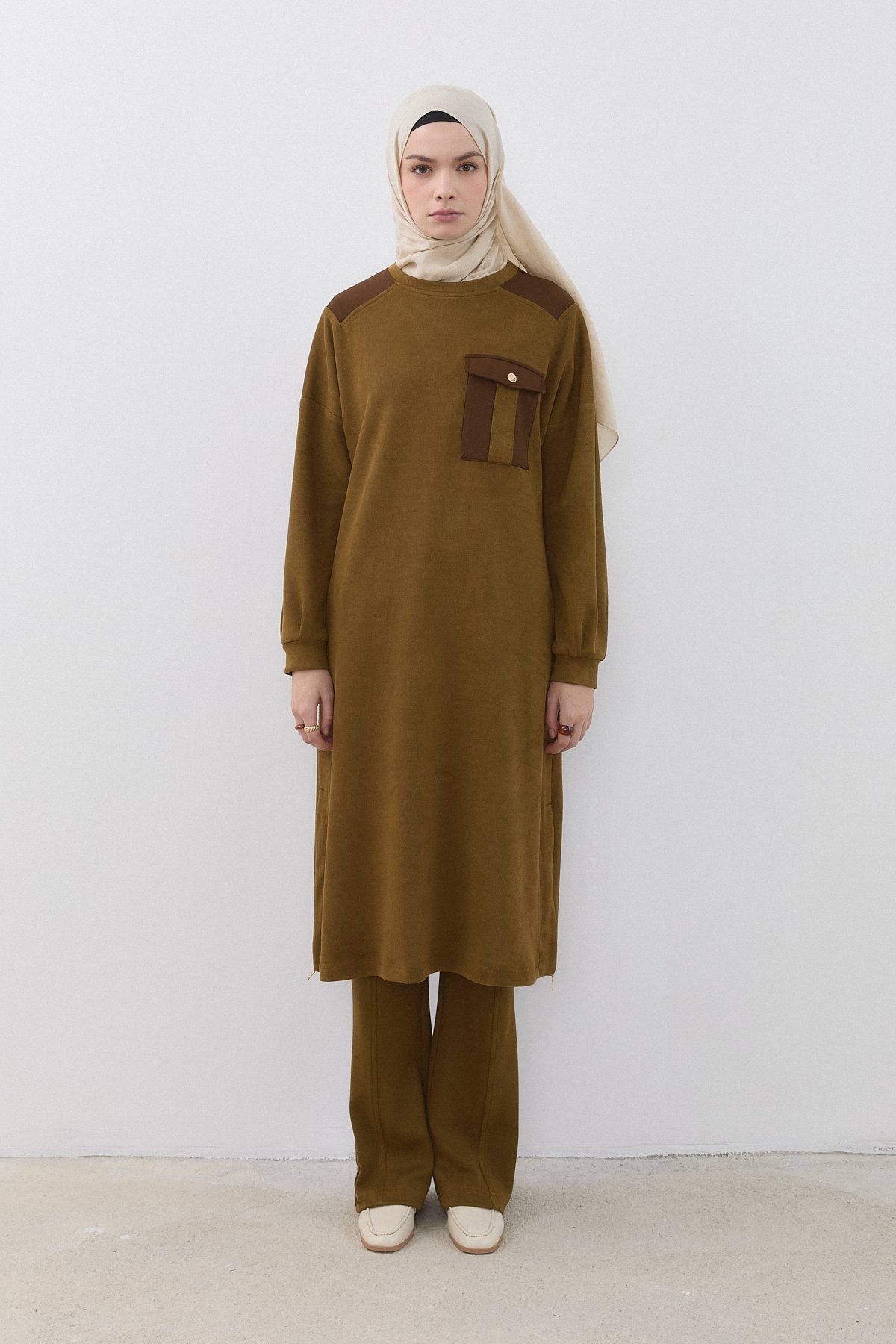 Yandan Fermuarlı Uzun Cupra Süet Tunik - Olive