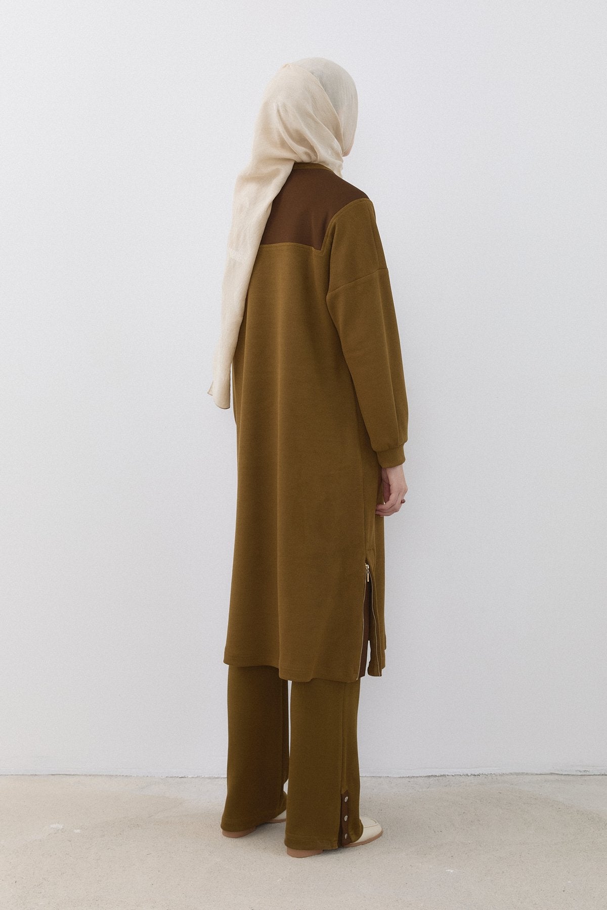 Yandan Fermuarlı Uzun Cupra Süet Tunik - Olive