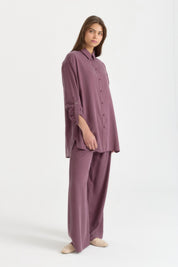 Yanları Asimetrik Detaylı Lyocell Pantolon Tunik Takım - Mürdüm