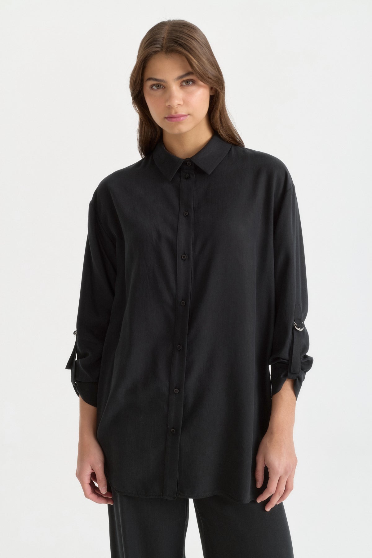 Asymmetrical Lyocell Tunic & Pants Set - Black