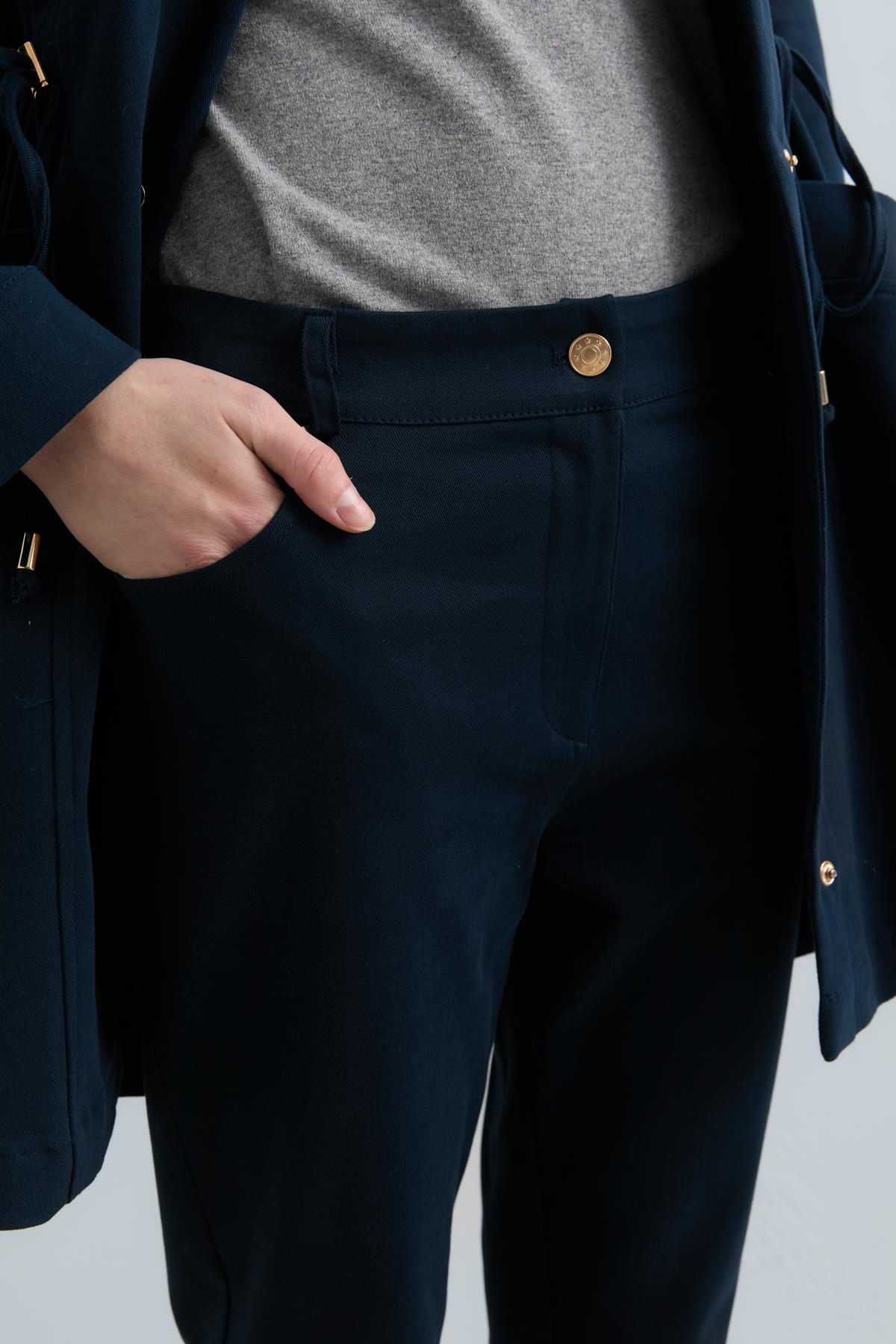 Gabardine Trousers with Jacquard Side Trim - Navy Blue