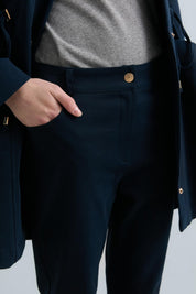 Gabardine Trousers with Jacquard Side Trim - Navy Blue